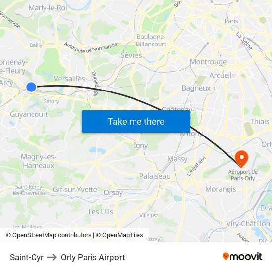 Saint-Cyr to Orly Paris Airport map