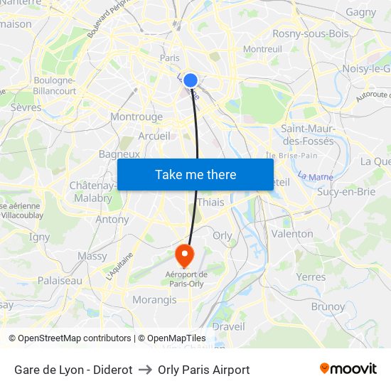 Gare de Lyon - Diderot to Orly Paris Airport map