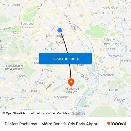 Denfert-Rochereau - Métro-Rer to Orly Paris Airport map