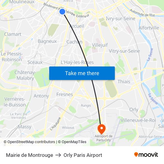 Mairie de Montrouge to Orly Paris Airport map