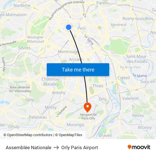 Assemblée Nationale to Orly Paris Airport map