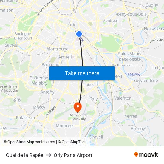 Quai de la Rapée to Orly Paris Airport map