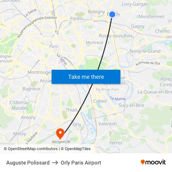 Auguste Polissard to Orly Paris Airport map