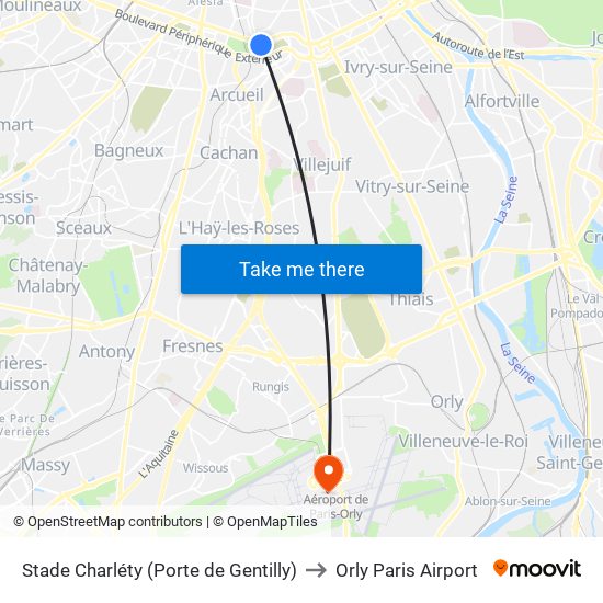 Stade Charléty (Porte de Gentilly) to Orly Paris Airport map