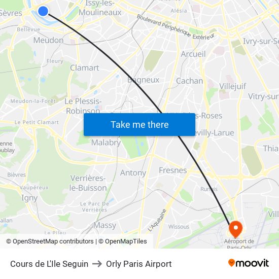 Cours de L'Ile Seguin to Orly Paris Airport map