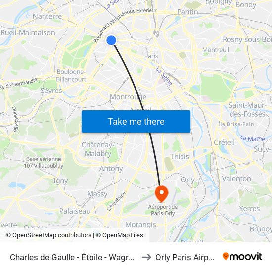 Charles de Gaulle - Étoile - Wagram to Orly Paris Airport map