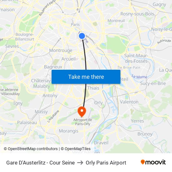 Gare D'Austerlitz - Cour Seine to Orly Paris Airport map