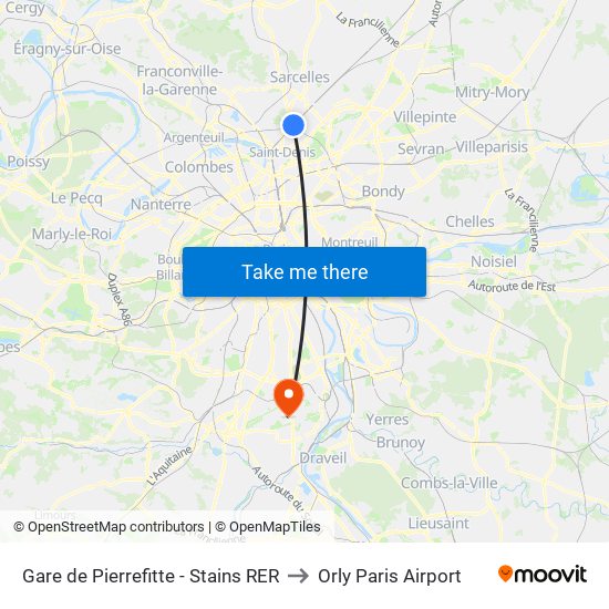 Gare de Pierrefitte - Stains RER to Orly Paris Airport map
