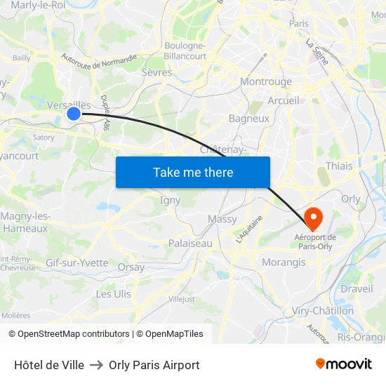 Hôtel de Ville to Orly Paris Airport map