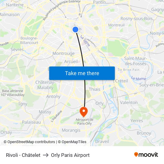 Rivoli - Châtelet to Orly Paris Airport map