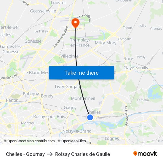 Chelles - Gournay to Roissy Charles de Gaulle map