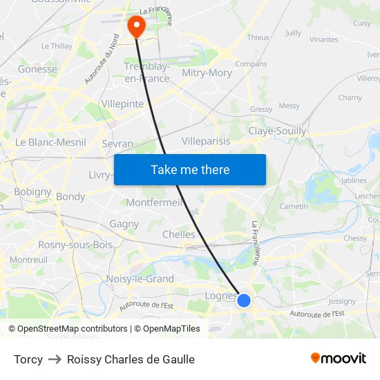 Torcy to Roissy Charles de Gaulle map