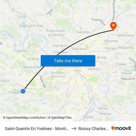 Saint-Quentin En Yvelines - Montigny-Le-Bretonneux to Roissy Charles de Gaulle map