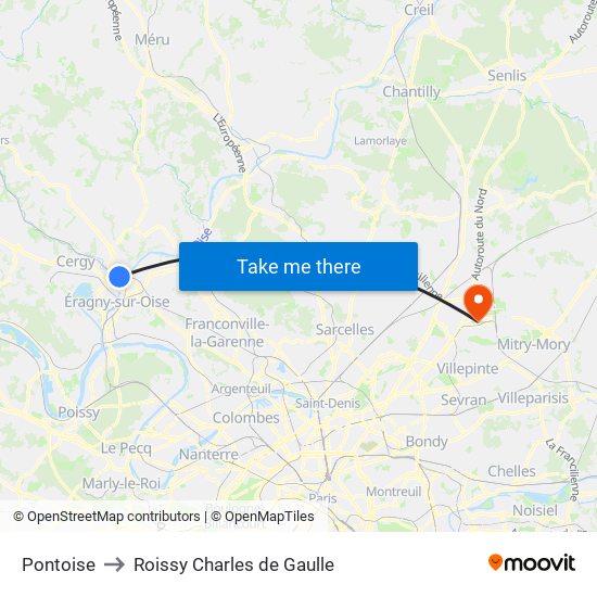 Pontoise to Roissy Charles de Gaulle map