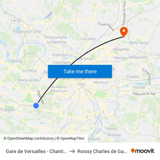 Gare de Versailles - Chantiers to Roissy Charles de Gaulle map