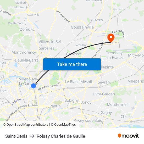 Saint-Denis to Roissy Charles de Gaulle map
