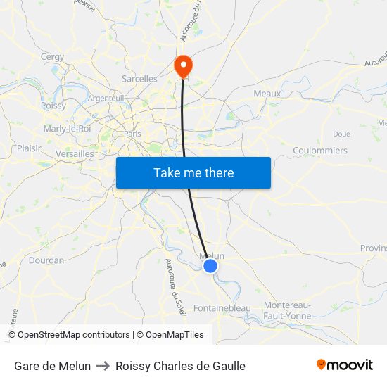 Gare de Melun to Roissy Charles de Gaulle map