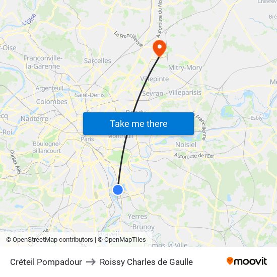 Créteil Pompadour to Roissy Charles de Gaulle map