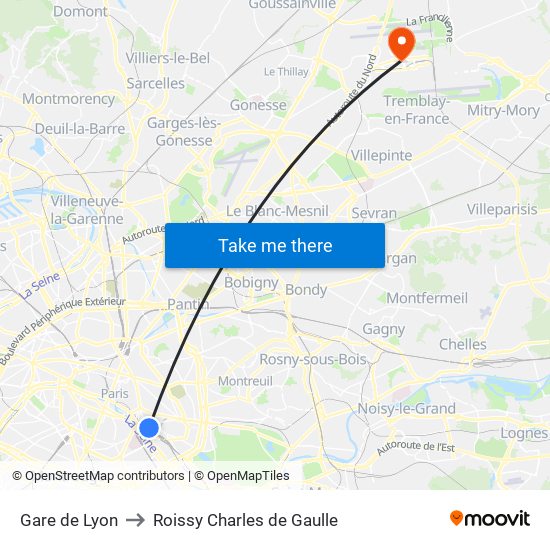 Gare de Lyon to Roissy Charles de Gaulle map