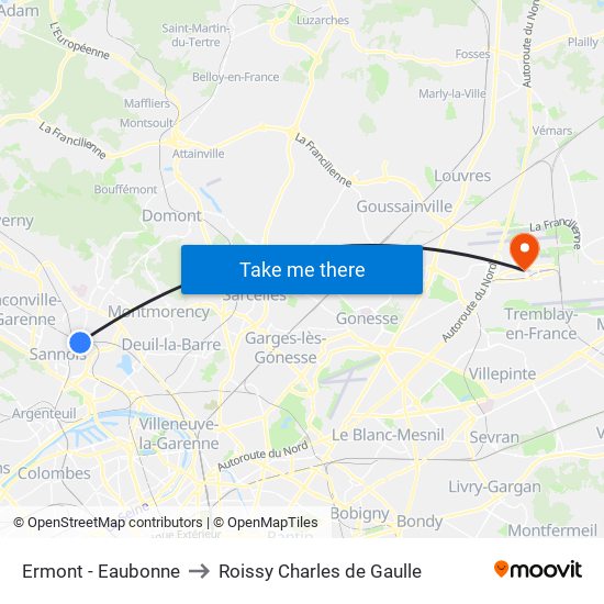 Ermont - Eaubonne to Roissy Charles de Gaulle map