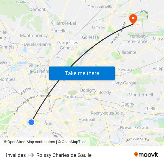 Invalides to Roissy Charles de Gaulle map