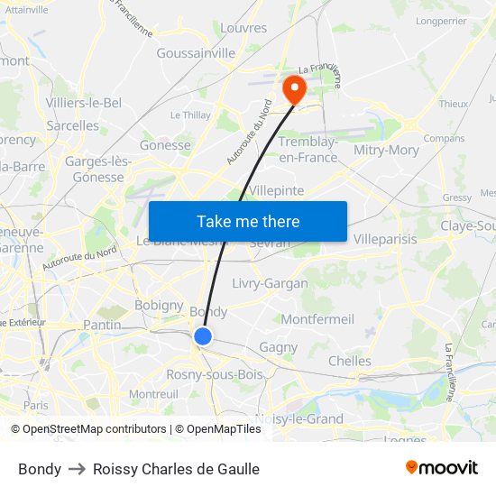Bondy to Roissy Charles de Gaulle map