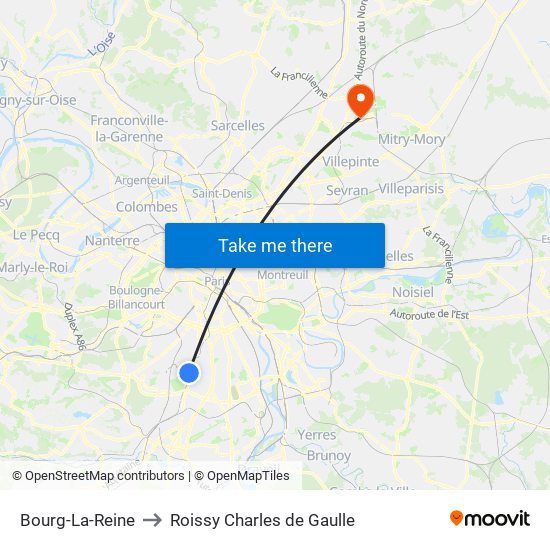 Bourg-La-Reine to Roissy Charles de Gaulle map