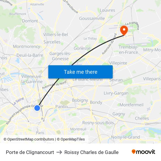 Porte de Clignancourt to Roissy Charles de Gaulle map