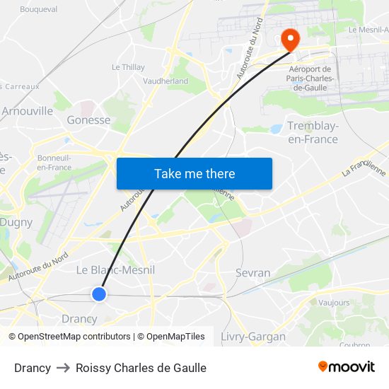 Drancy to Roissy Charles de Gaulle map
