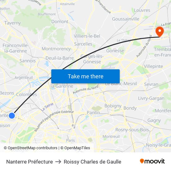 Nanterre Préfecture to Roissy Charles de Gaulle map