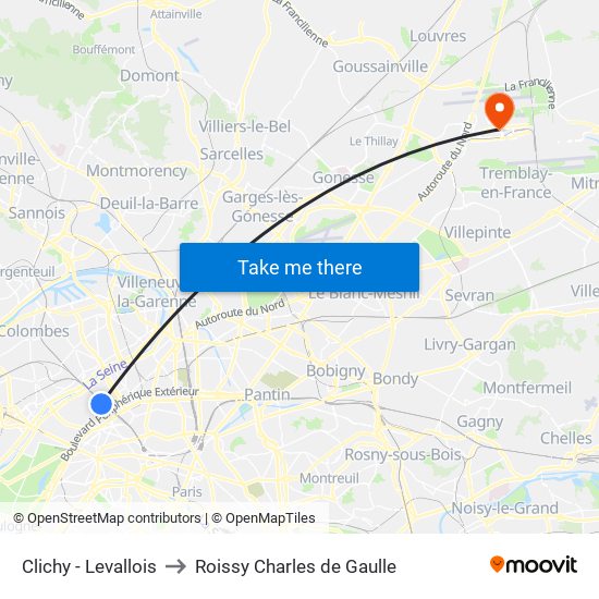 Clichy - Levallois to Roissy Charles de Gaulle map