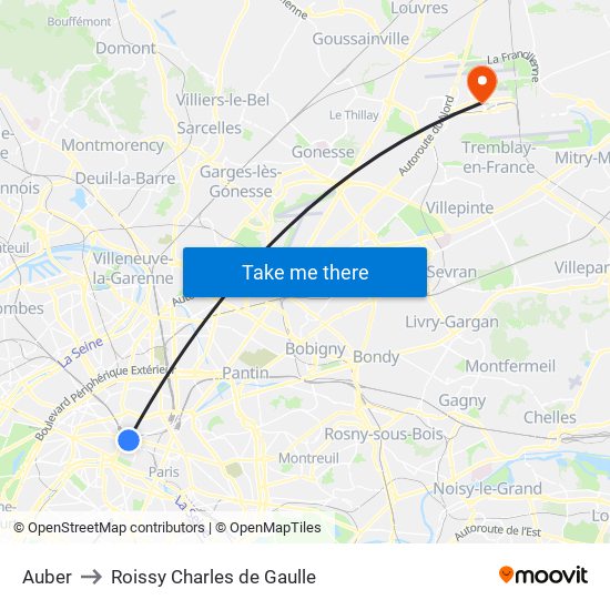 Auber to Roissy Charles de Gaulle map
