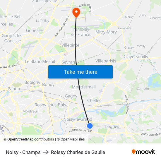 Noisy - Champs to Roissy Charles de Gaulle map