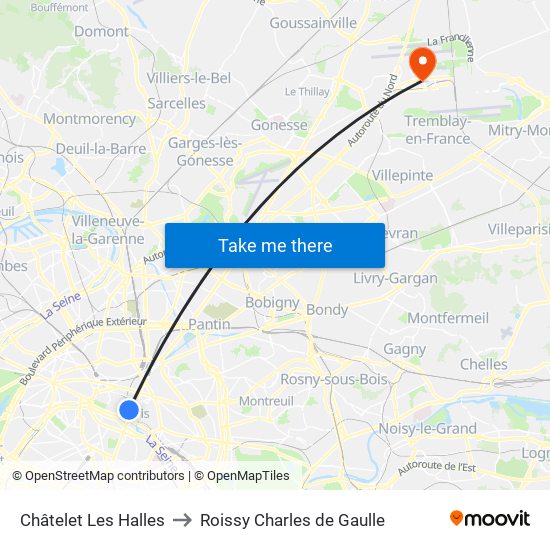 Châtelet Les Halles to Roissy Charles de Gaulle map