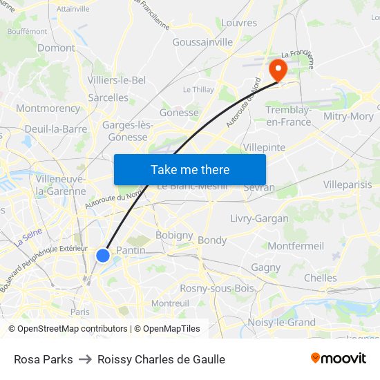 Rosa Parks to Roissy Charles de Gaulle map