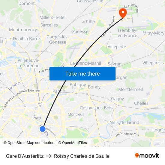 Gare D'Austerlitz to Roissy Charles de Gaulle map