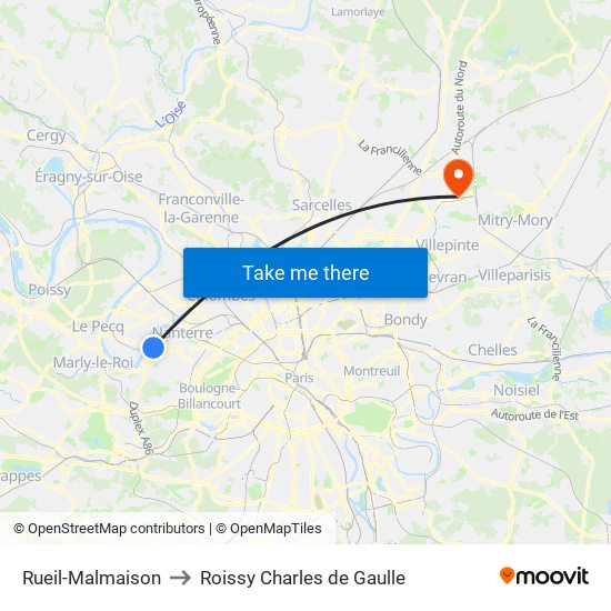 Rueil-Malmaison to Roissy Charles de Gaulle map