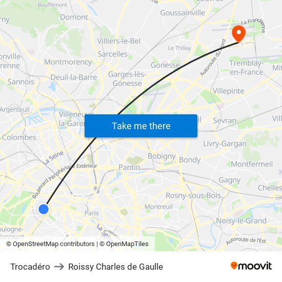 Trocadéro to Roissy Charles de Gaulle map