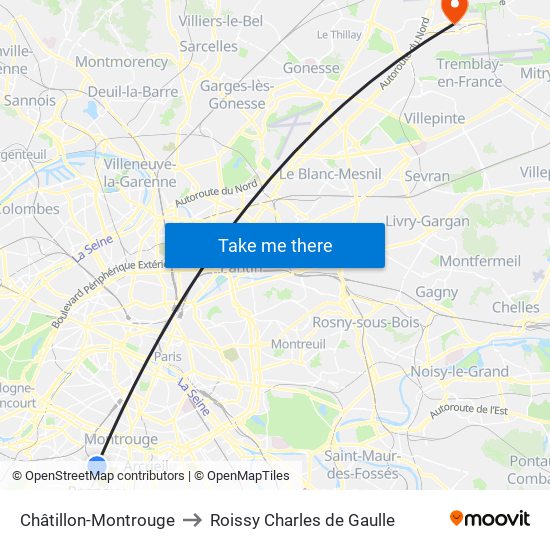 Châtillon-Montrouge to Roissy Charles de Gaulle map