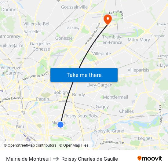 Mairie de Montreuil to Roissy Charles de Gaulle map