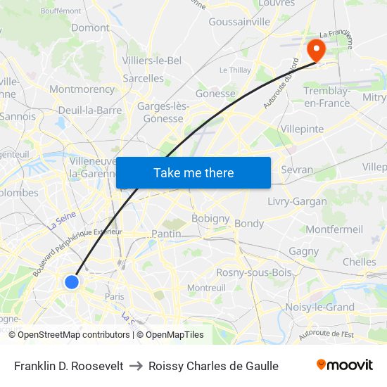 Franklin D. Roosevelt to Roissy Charles de Gaulle map