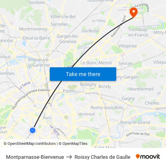 Montparnasse-Bienvenue to Roissy Charles de Gaulle map