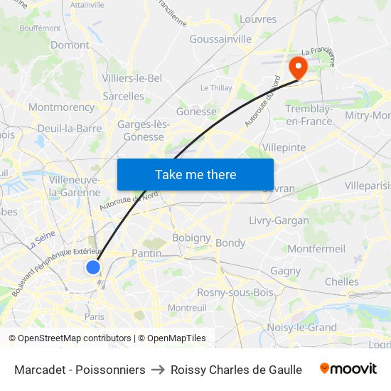 Marcadet - Poissonniers to Roissy Charles de Gaulle map