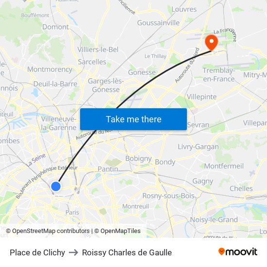 Place de Clichy to Roissy Charles de Gaulle map