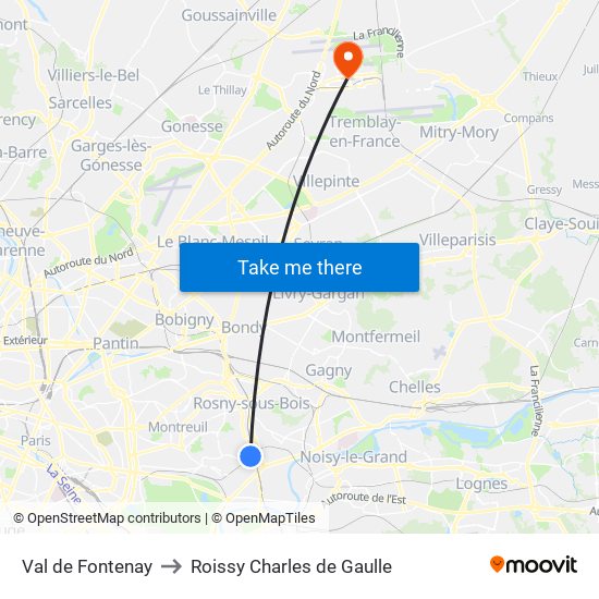 Val de Fontenay to Roissy Charles de Gaulle map