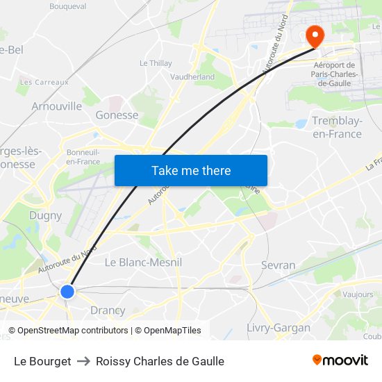 Le Bourget to Roissy Charles de Gaulle map