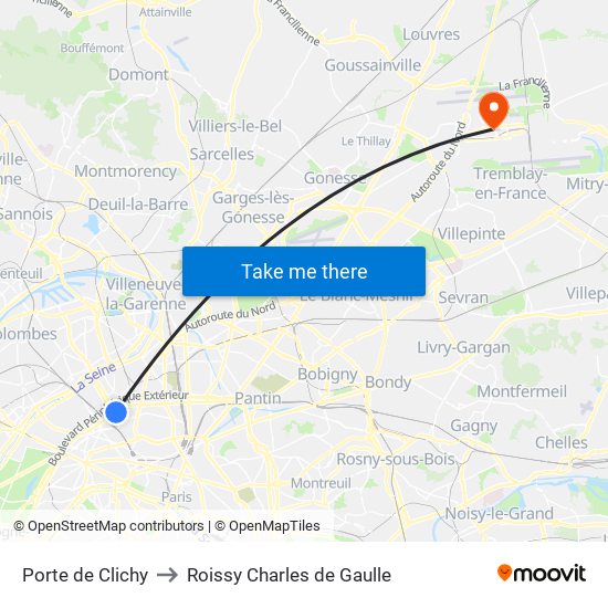 Porte de Clichy to Roissy Charles de Gaulle map