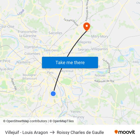Villejuif - Louis Aragon to Roissy Charles de Gaulle map