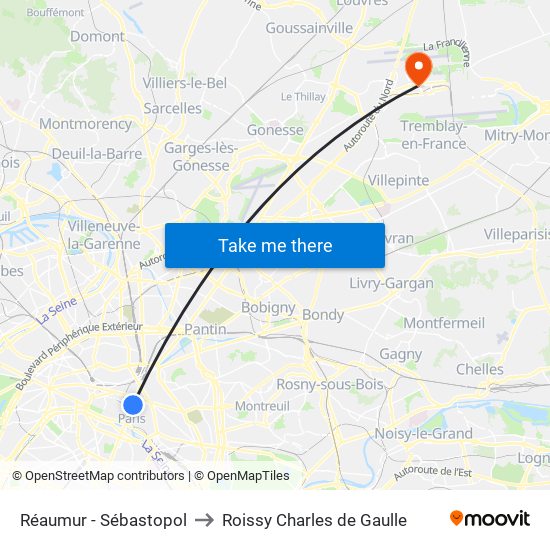 Réaumur - Sébastopol to Roissy Charles de Gaulle map