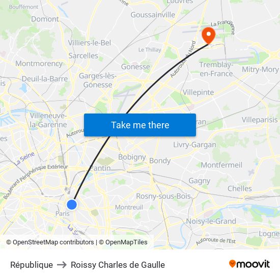 République to Roissy Charles de Gaulle map